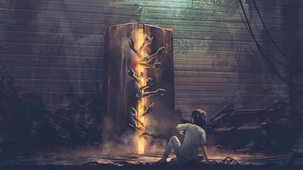 The child scarying to see the hands sticking out from the old cabinet, digital art style, illustration painting