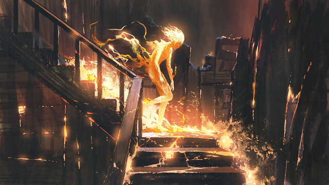 Fototapeta The fire human walking down the stairs in an abandoned house, digital art style, illustration painting