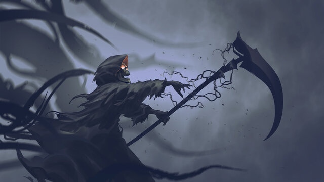 Fototapeta The Death as know as Grim Reaper casts black magic on the scythe, digital art style, illustration painting