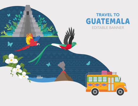 Guatemala Banner for travel, tourism, tours, cultural events, independence day. Includes a Chicken Bus, Monja Blanca flowers, quetzal, Tikal Pyramid, Templo del Gran Jaguar, macaw, Atitlán Lake - EPS