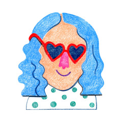 Portrait of a cute cheerful girl in red heart-shaped sunglasses with blue curly hair in a polka dot T-shirt. Summer illustration. An illustration drawn with colored pencils in a primitive style.