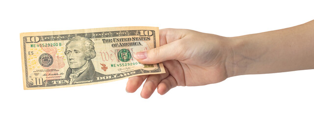 10 dollar in hand isolated on white background, woman hand with banknote, american money banner...