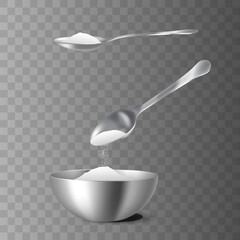 Salt set: metal spoon and bawl with salt for cooking. White kitchen condiment for taste cuisine