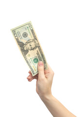 Twenty dollars in hand isolated on white background, woman hand with banknote, american money photo