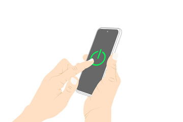 Show the phone, screen, power on, turn on,  activate, button, push, tap stock vector.