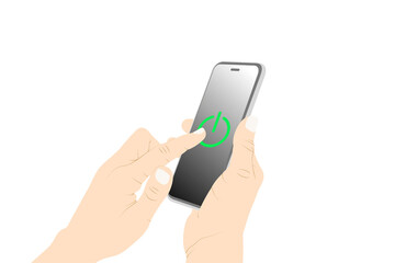 Show the phone, screen, power on, turn on,  activate, button, push, tap stock vector.