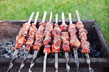 Barbecue on the grill. Kebab on skewers cooking outdoors. Cook shashlik in the fresh air.