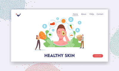 Healthy Skin Landing Page Template. Tiny Characters at Huge Female Head with Avocado on Face, Healthy Food for Skin