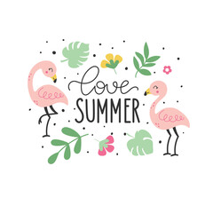 Tropical summer illustration with flamingo