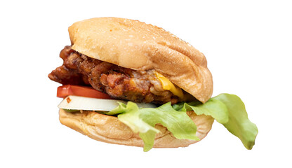burger with lettuce cheese and tomato, isolated over white, macro, close up with copy space