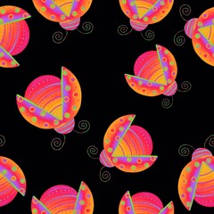 Ladybugs. Seamless pattern. Colored insects on a black background.