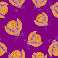 Yellow ladybugs. Seamless pattern. Colored insects on violet background.