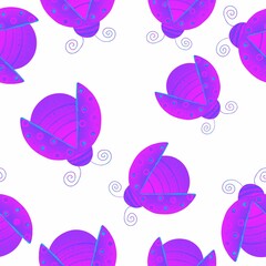 Purple, lilac ladybugs. Seamless pattern. Colored insects on a white background.
