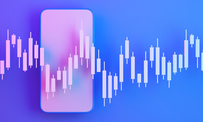 Candle stick graph chart of online stock market trading with mobile phone ,3d render illustration background