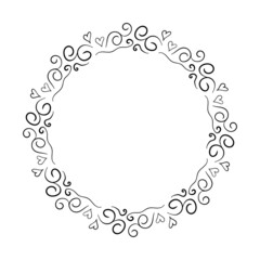 Simple Hand drawn vector frame isolated on white background. Black swirls curves decorated in circle.