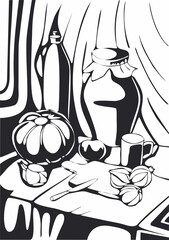 Vector illustration still life in graphics. Black and white still life with food and utensils