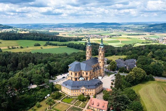 Aerial view, Basilica Vierzehnheiligen, Upper Main Valley, Franconia, Bavaria, Germany,
