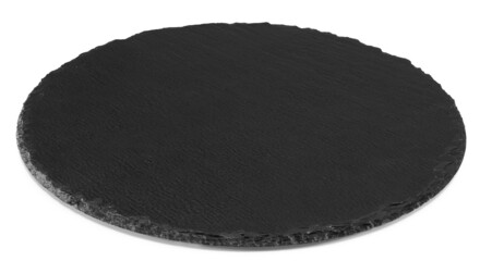 Black round stone plate isolated on white background. Clipping path and full depth of field. Top view