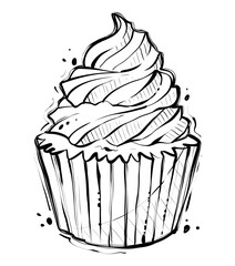 Cupcake drawing, hand drawn vector, monochrome