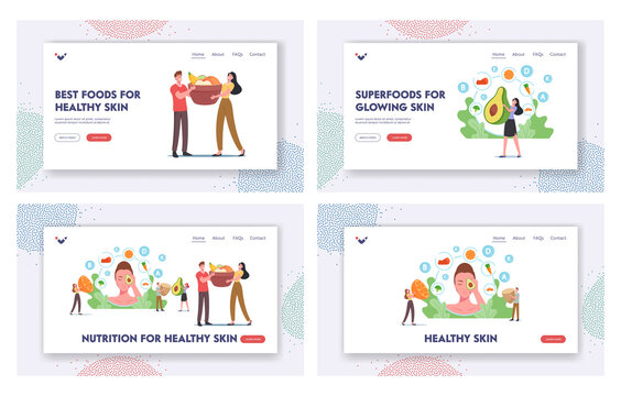 Food for Healthy Skin Landing Page Template Set. Tiny Characters at Huge Female Head with Avocado, Vegetables and Fruits