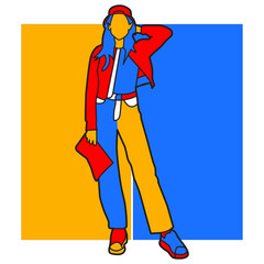 cartoon girl with pop art color and stand pose who wants to take a photo wearing a hat and modern clothes.