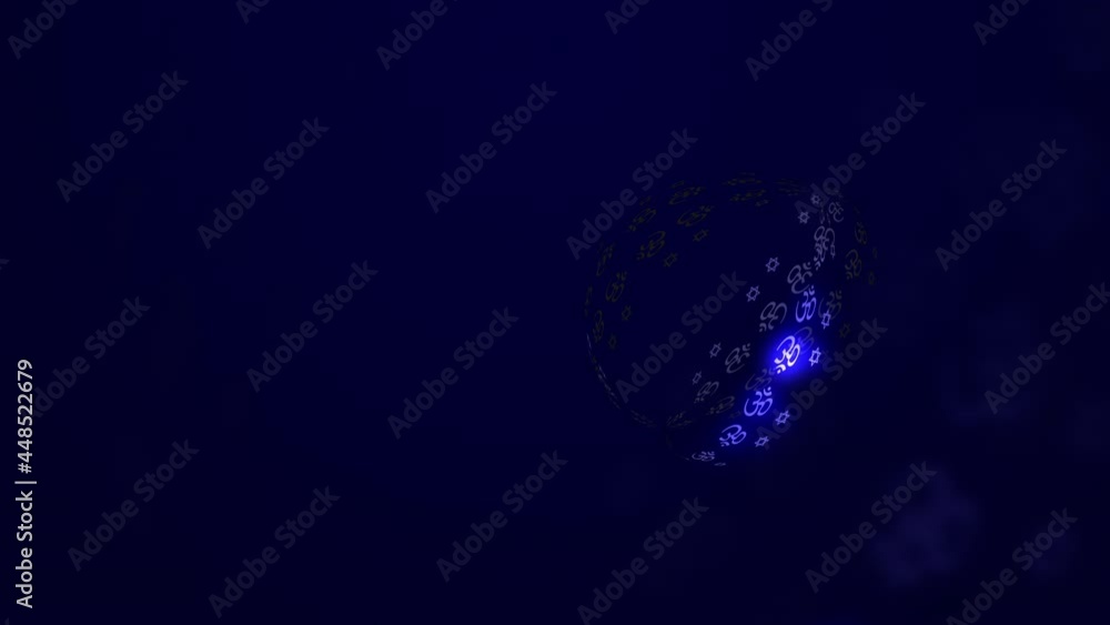 Aufkleber abstract sphere with random religion glowing emblems in a dark space. light elements move around in 