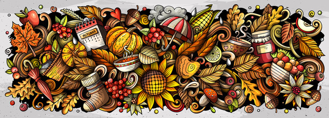 Fototapeta na wymiar Autumn nature hand drawn cartoon doodle illustration. Funny seasonal design.