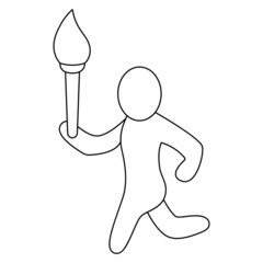The athlete carries the Olympic flame. Sketch. Vector icon. Opening of a sporting event. The man is running. Isolated white background. Coloring book for children. Doodle style. Idea for web design.