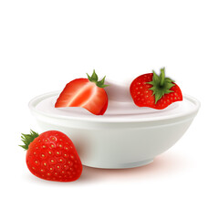 Yogurt Dairy Dessert Bowl With Strawberry Vector. Milky Yogurt Food With Natural Vitamin Bio Berry In Plate. Home Made Bacterial Milk Creamy Product Template Realistic 3d Illustration