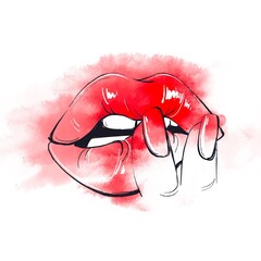 Female mouth with red lips and nails. Woman fingers on lip. Beauty and passion illustration. Love manicure. Print for makeup artist, nail master. Gloss lipstick, white teeth. Graphics and watercolor.