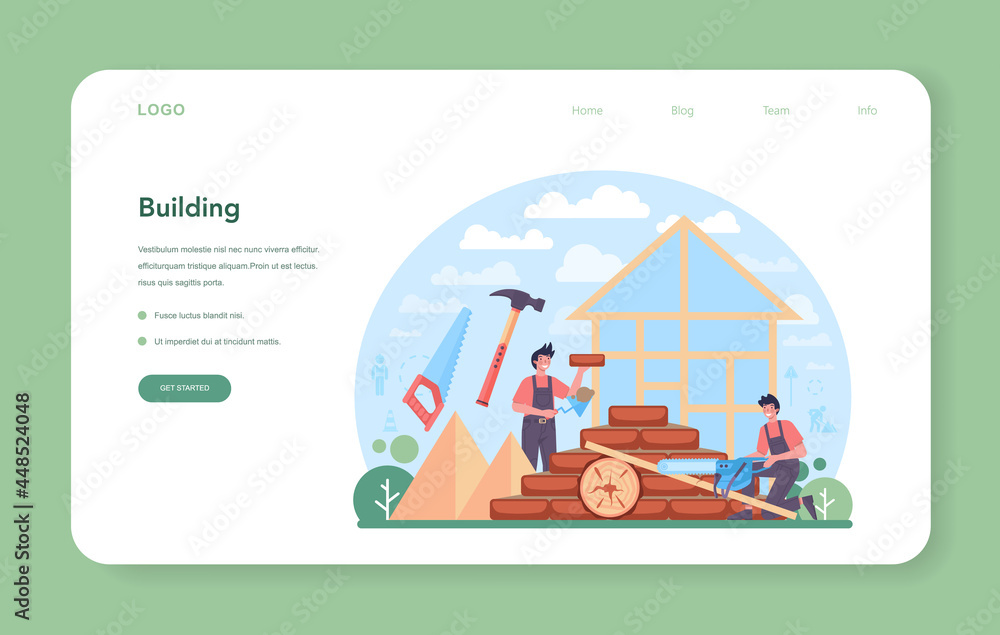 Poster house building web banner or landing page. workers constructing home