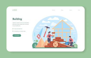 House building web banner or landing page. Workers constructing home