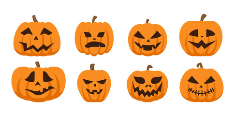 Set of pumpkins with scary faces on a white background. Halloween symbols. Vector illustration isolated on white.