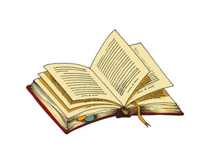 Hand drawn open old book with paper pages, cartoon vector illustration isolated.