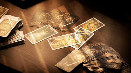 Blurred tarot cards on the table, esoteric concept, fortune telling predictions