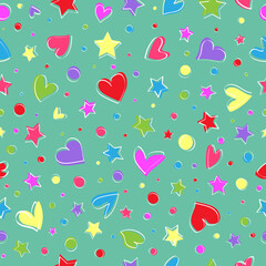 Pattern of hearts, stars and circles in random style on mint background