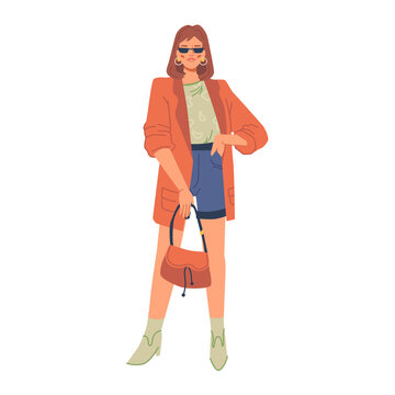 Stylish modern woman in fashion clothes isolated flat cartoon character. Vector fashionable lady spring and autumn vogue. Lady in urban outfit, stylish coat and bag, pants and blouse, high heel boots