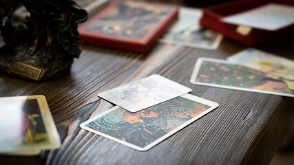 Tarot cards on the table, esoteric concept, fortune telling and predictions
