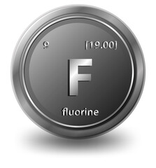 Fluorine chemical element. Chemical symbol with atomic number and atomic mass.