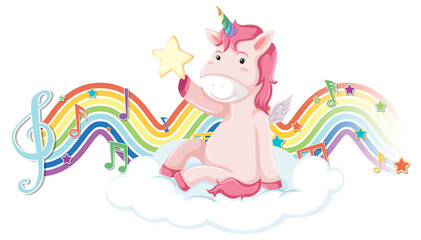Unicorn sitting on the cloud with melody symbols on rainbow wave