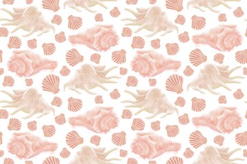Seamless pattern of beige and coral seashells on a white background, a pattern on a marine theme