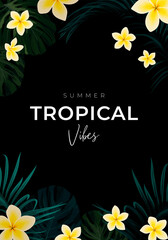 Summer tropical vector design for banner or flyer with dark green palm leaves and flowers.