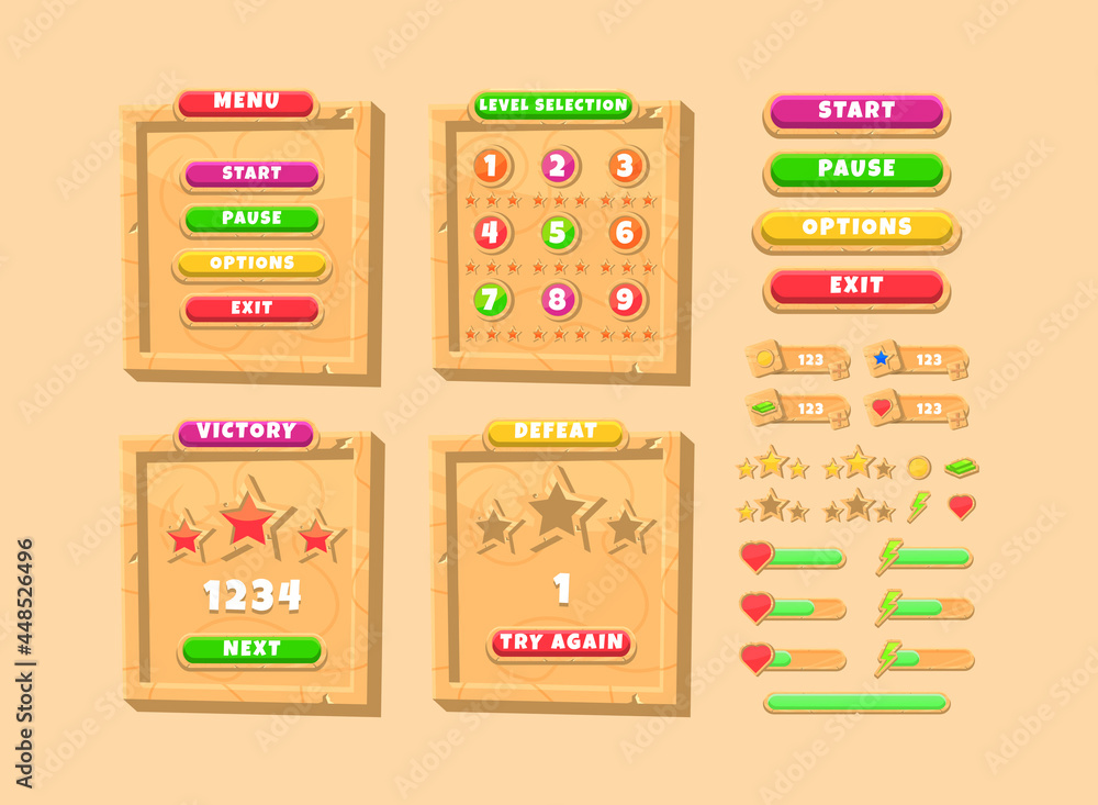 Poster game ui wooden board pop up screen interface kit with button and progress indicator bar