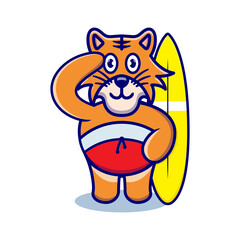 cute tiger cartoon animal with a surfboard