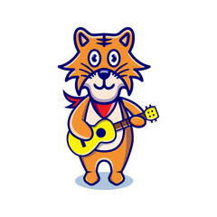 cute tiger cartoon animal holding a guitar
