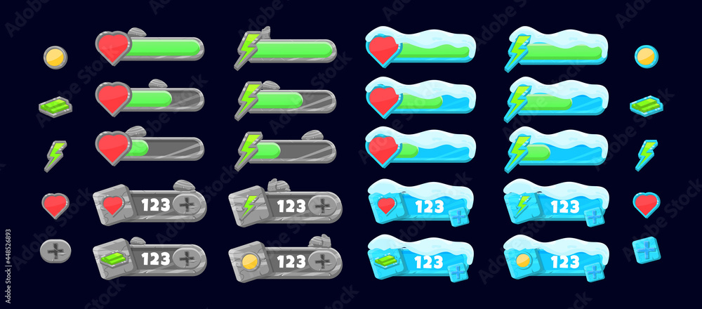 Poster collection set of stone and snow ice additional panel and progress indicator bar
