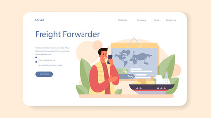 Freight forwarder web banner or landing page. Loader in uniform delivering