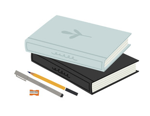 Vector illustration of the stack of two books, pencil, pen, pencil sharpener, isolated on white. Hand-drawn set. Objects for learning, reading, school tools. 