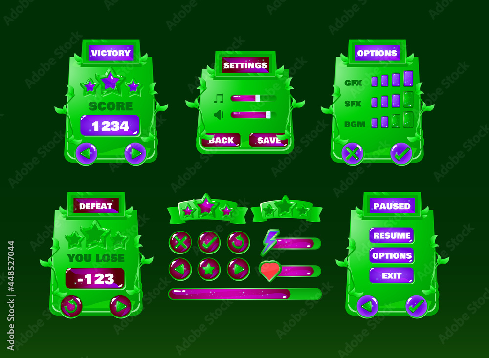 Poster nature green jungle game ui kit with button icon and progress bar
