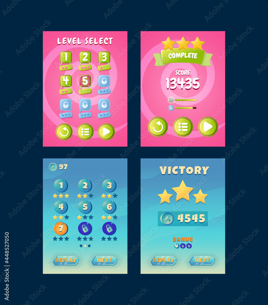 Poster set of funny game ui vertical screen level selection interface and victory